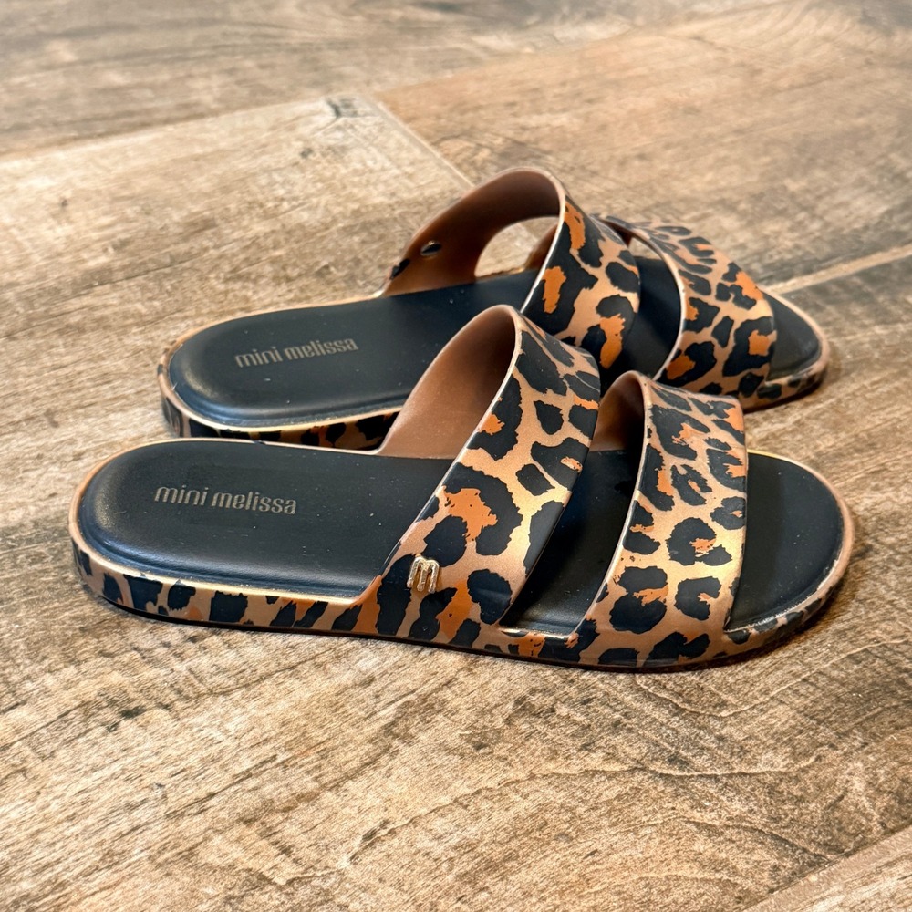 Mini Melissa Kids Leopard Print Double Strap Vegan Slide Sandals, Gold Black, 2 - Picture 4 of 9